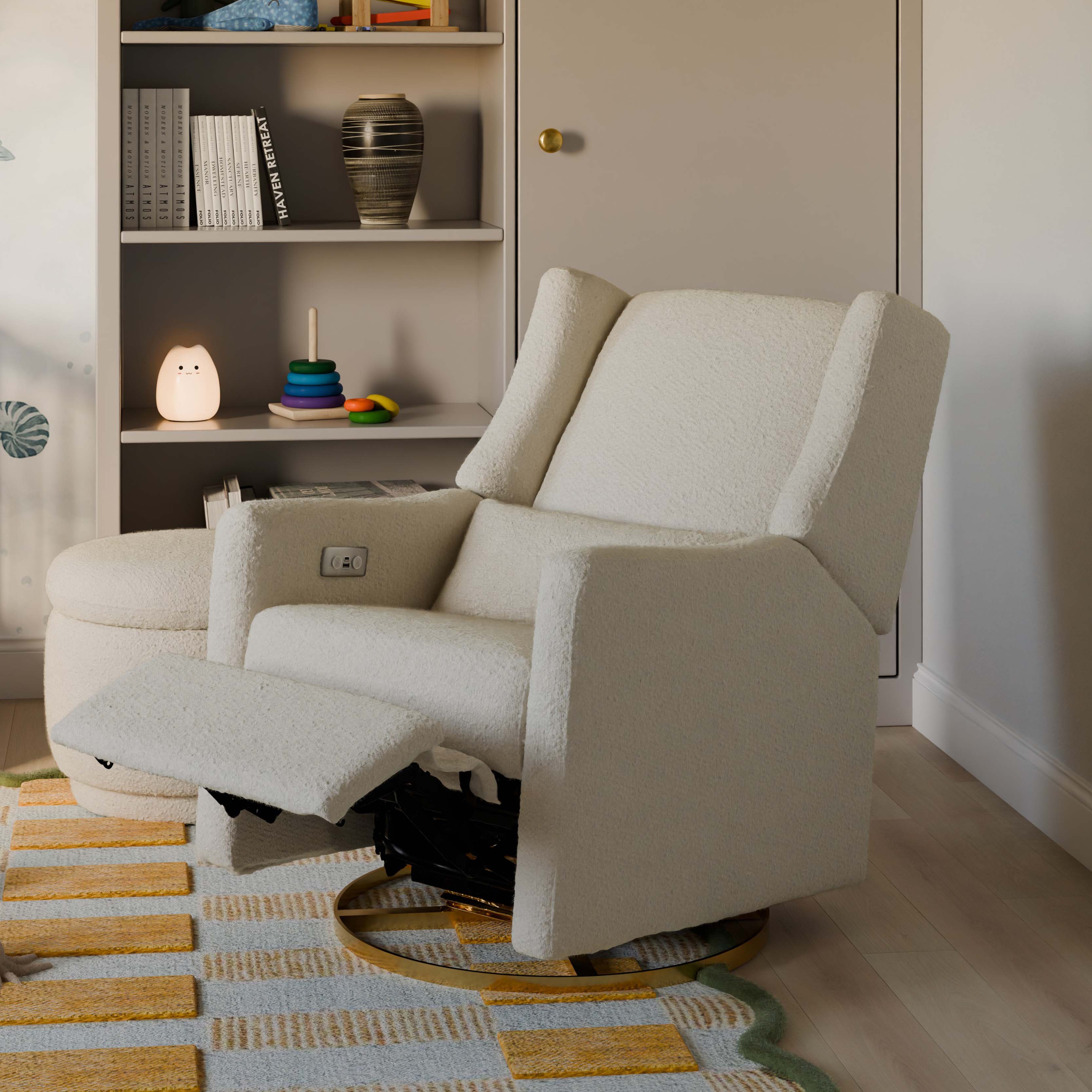 Kiwi Electronic Recliner and Swivel Glider with USB port in Ivory Boucle with Gold Base