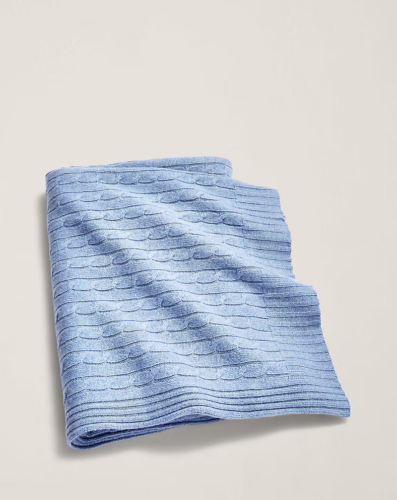 Cable Cashmere Throw Blanket in Heathered Blue