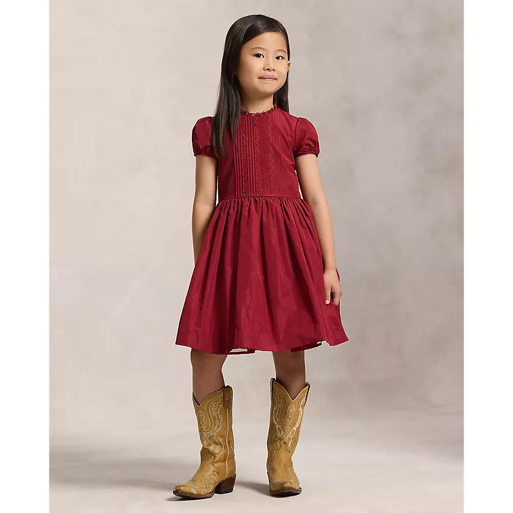 Short-Sleeve Embroidered Pintuck Occasion Dress