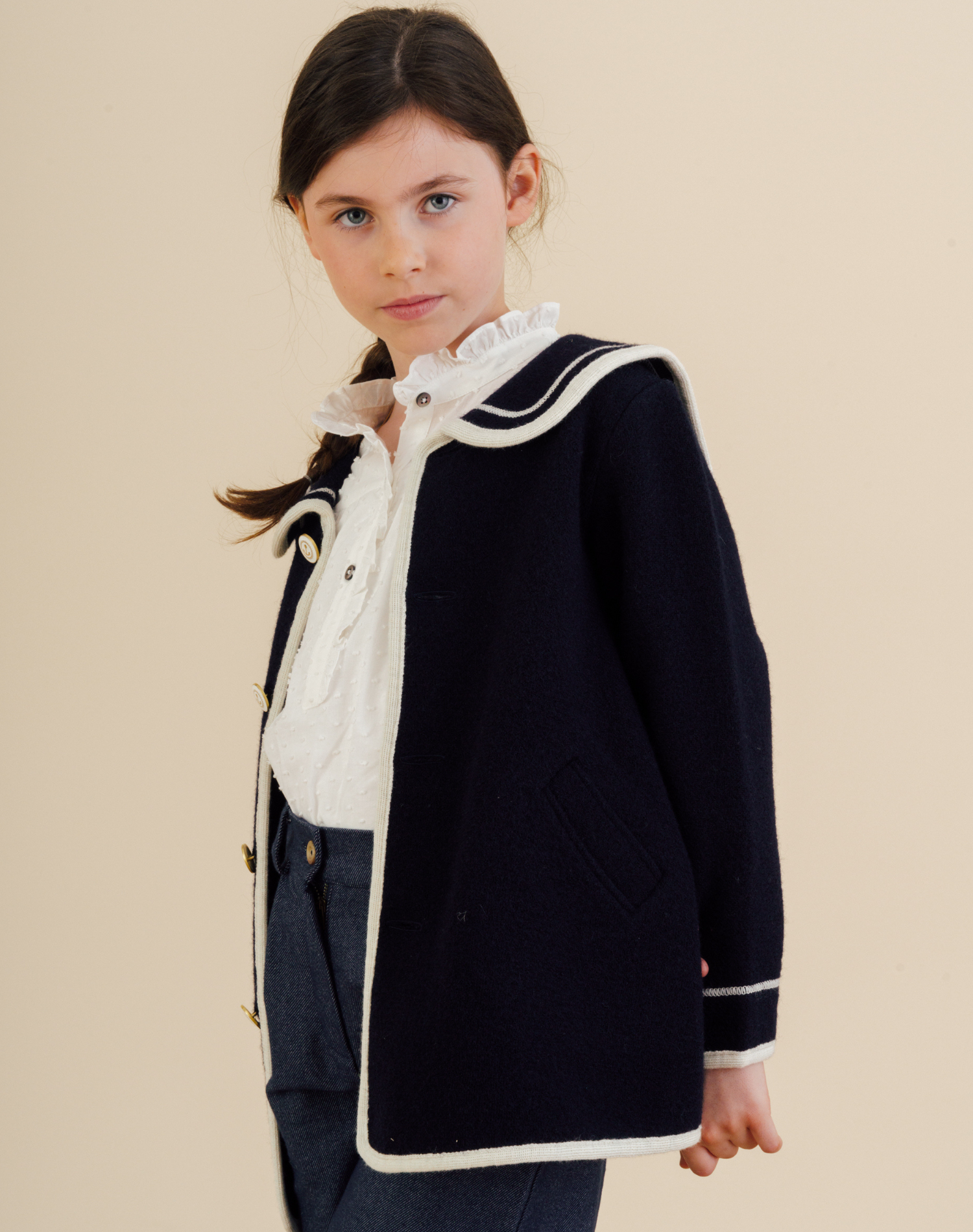Girls' sailor-style oversized coat navy