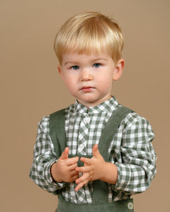 Child wearing a green checkered shirt and suspenders against a brown background