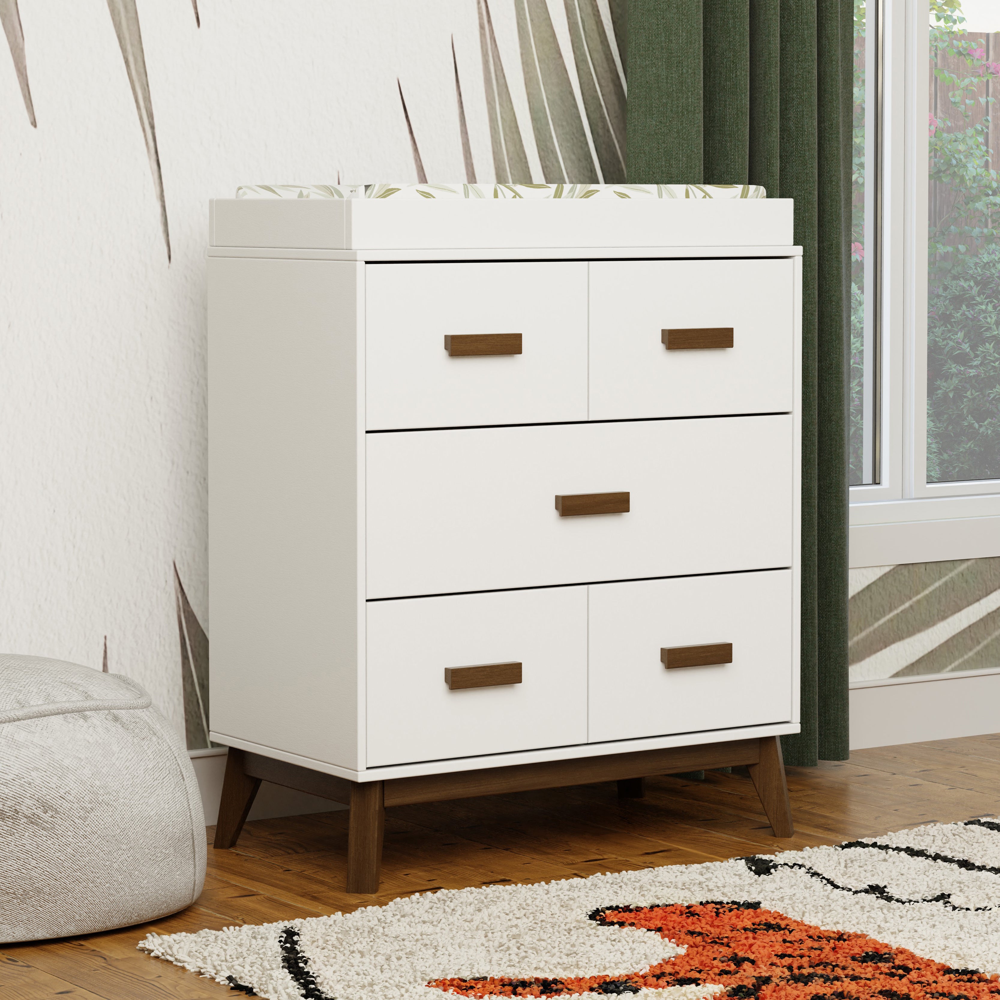 Scoot 3-Drawer Changer Dresser with Removable Changing Tray in White & Natural Walnut