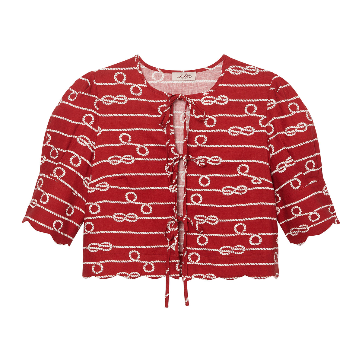 Front of scalloped tie-front crop top in red-and-ivory rope print with scalloped hem and short sleeves on white background