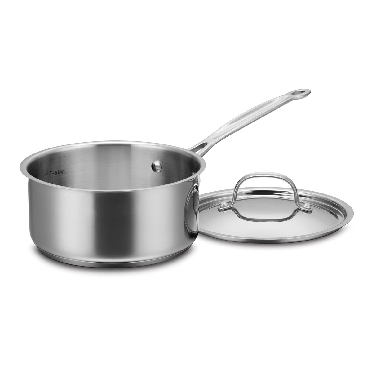 Front view of Chef’s Classic 2 Quart Saucepan with Cover showcasing stainless steel finish and interior measurement markings