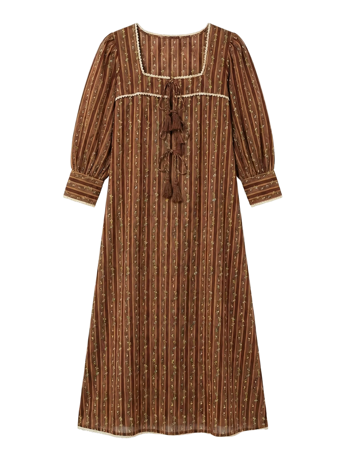 Front view of Tara Dress in Fresh Garden Floral showing square neckline, puff sleeves, tassel front ties and cream ric-rac trim