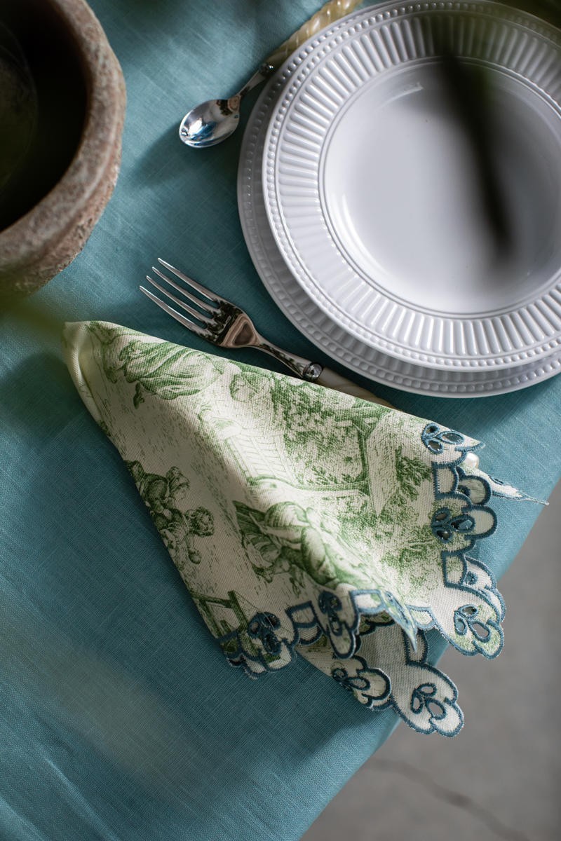 Amalfi Linen Napkin in Sage Toile de Jouy with Verdigris Piping