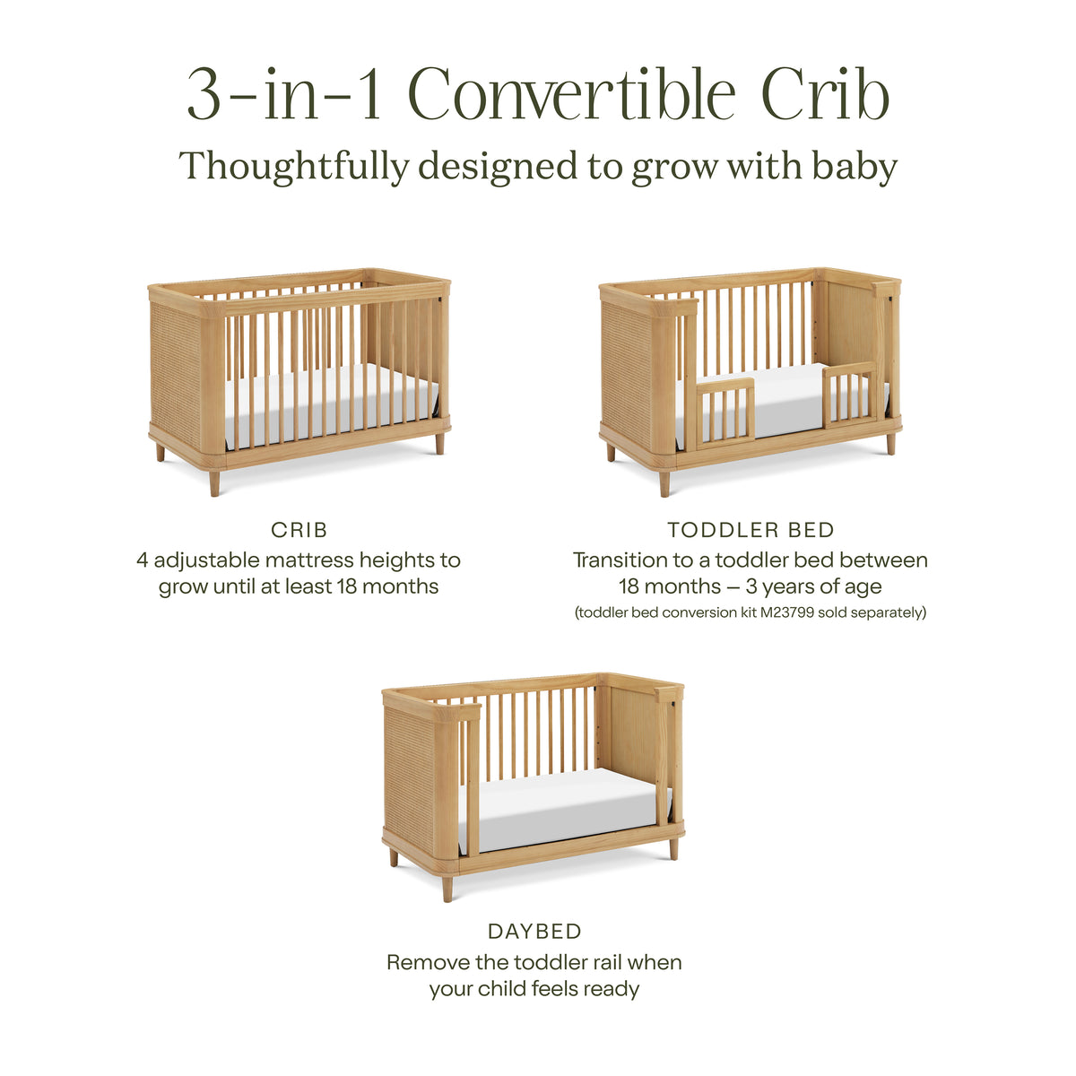 Marin with Cane 3-in-1 Convertible Crib in Honey & Honey Cane