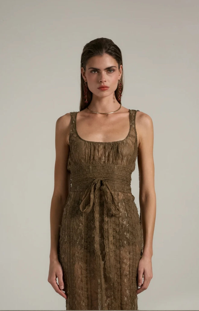 V. Chapman x Kristopher Brock Seville Dress in Brown Fuzzy Lace
