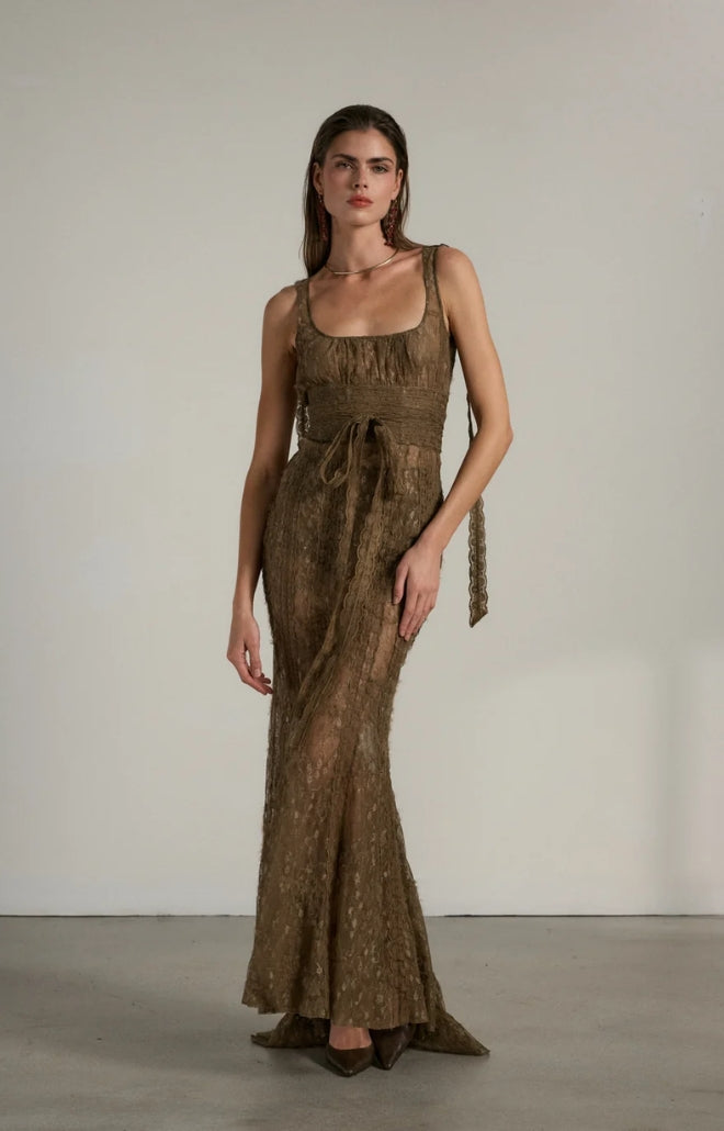 V. Chapman x Kristopher Brock Seville Dress in Brown Fuzzy Lace