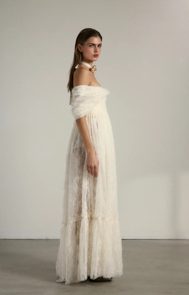 V. Chapman x Kristopher Brock Leon Gown in Eggshell Fuzzy Lace