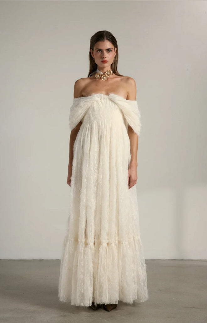 V. Chapman x Kristopher Brock Leon Gown in Eggshell Fuzzy Lace