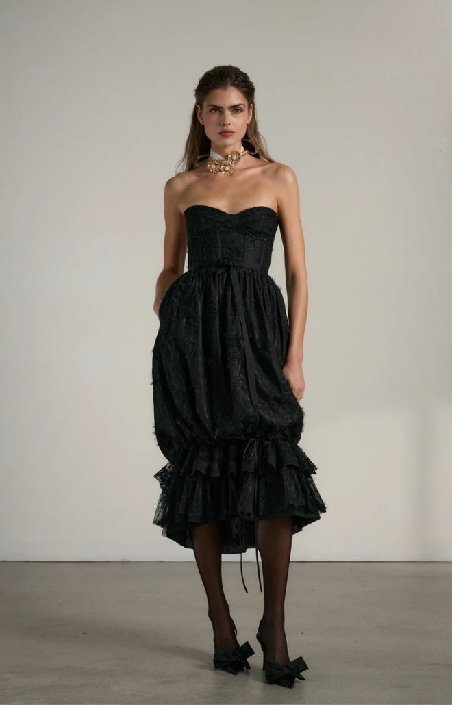 V. Chapman x Kristopher Brock Granada Dress in Black Fuzzy Lace