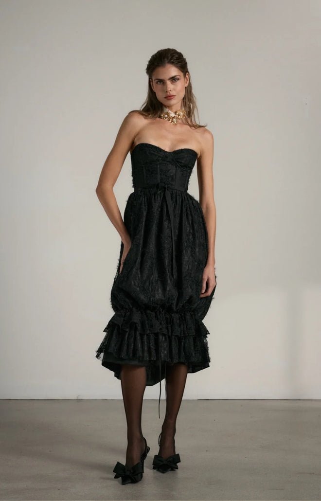 V. Chapman x Kristopher Brock Granada Dress in Black Fuzzy Lace