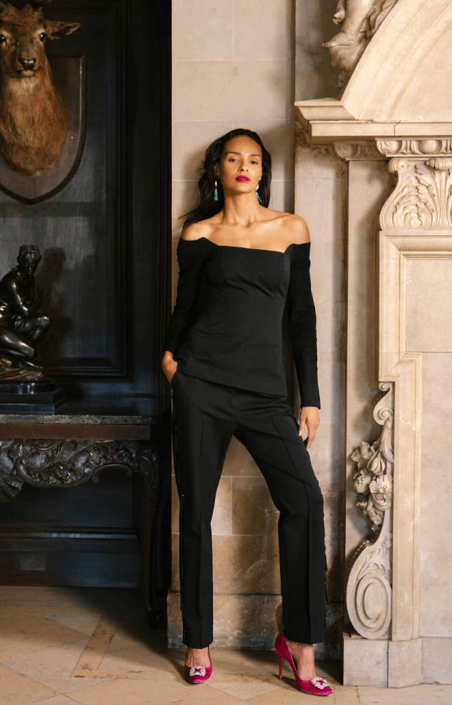 Tassel Embroidered Stretch Cotton Demi Pant in Black
