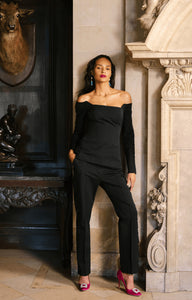 Tassel Embroidered Stretch Cotton Demi Pant in Black