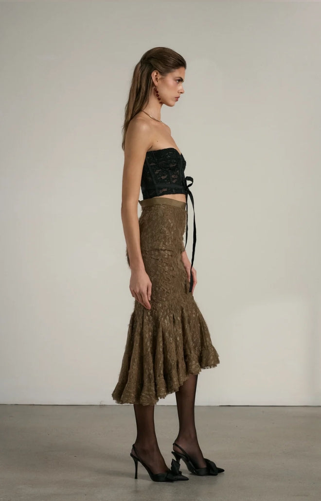 V. Chapman x Kristopher Brock Zapillo Skirt in Brown Fuzzy Lace