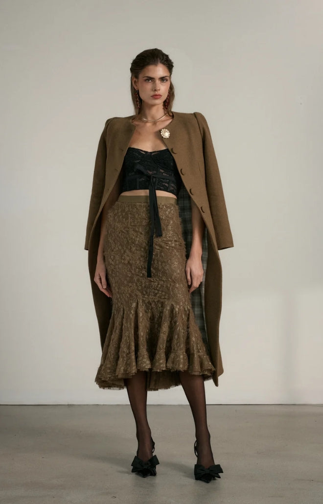 V. Chapman x Kristopher Brock Zapillo Skirt in Brown Fuzzy Lace