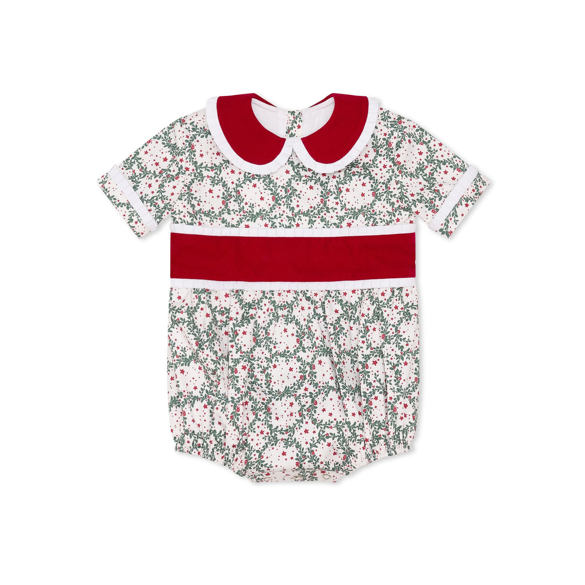 Grace Bubble in Regent Wreaths holiday print with red velvet sash and Peter Pan collar, finished with crisp white pleated trim for baby and toddler girls.