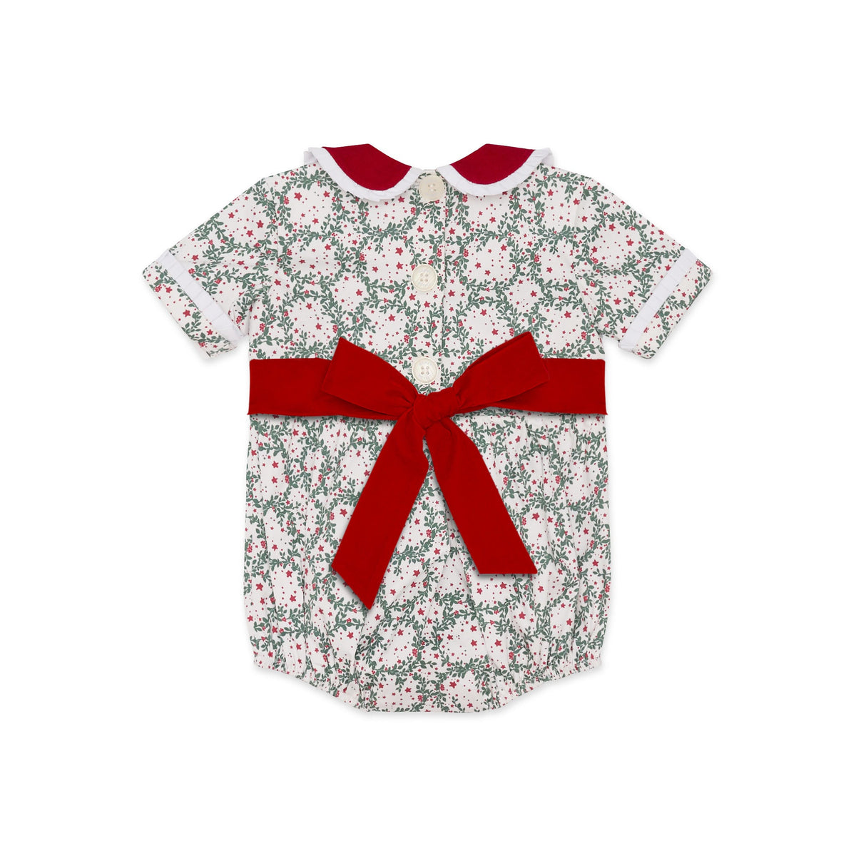 Grace Bubble in Regent Wreaths holiday print with red velvet sash and Peter Pan collar, finished with crisp white pleated trim for baby and toddler girls.