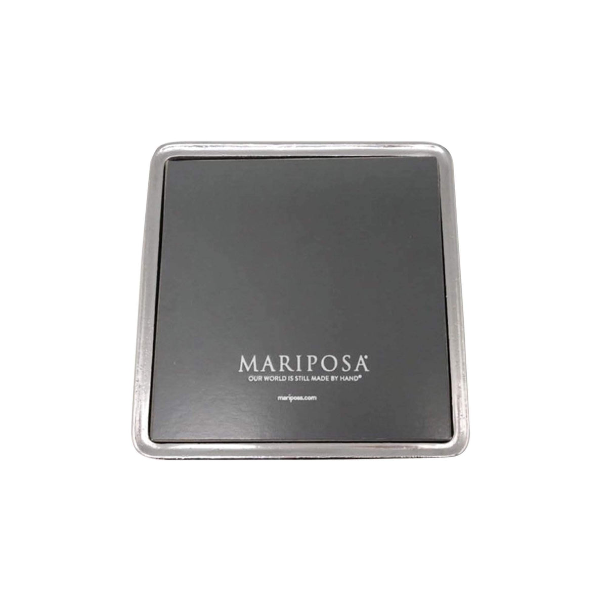 Top view of Signature Luncheon Napkin Box showcasing black insert with MARIPOSA logo and silver recycled-aluminum frame on white background