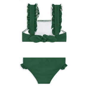 Girls Evergreen Ruffle Strap Bikini With White Lettuce Edge Trim