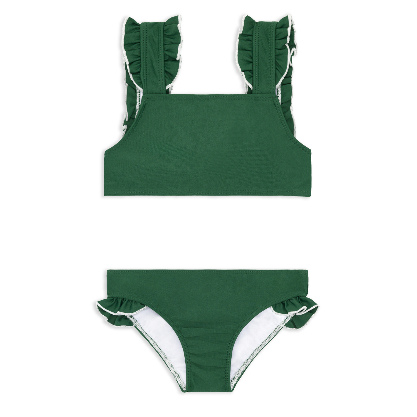 Girls Evergreen Ruffle Strap Bikini With White Lettuce Edge Trim