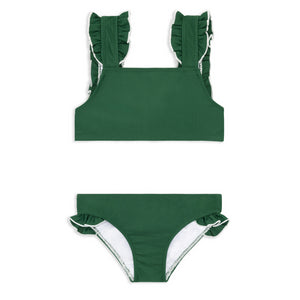 Girls Evergreen Ruffle Strap Bikini With White Lettuce Edge Trim