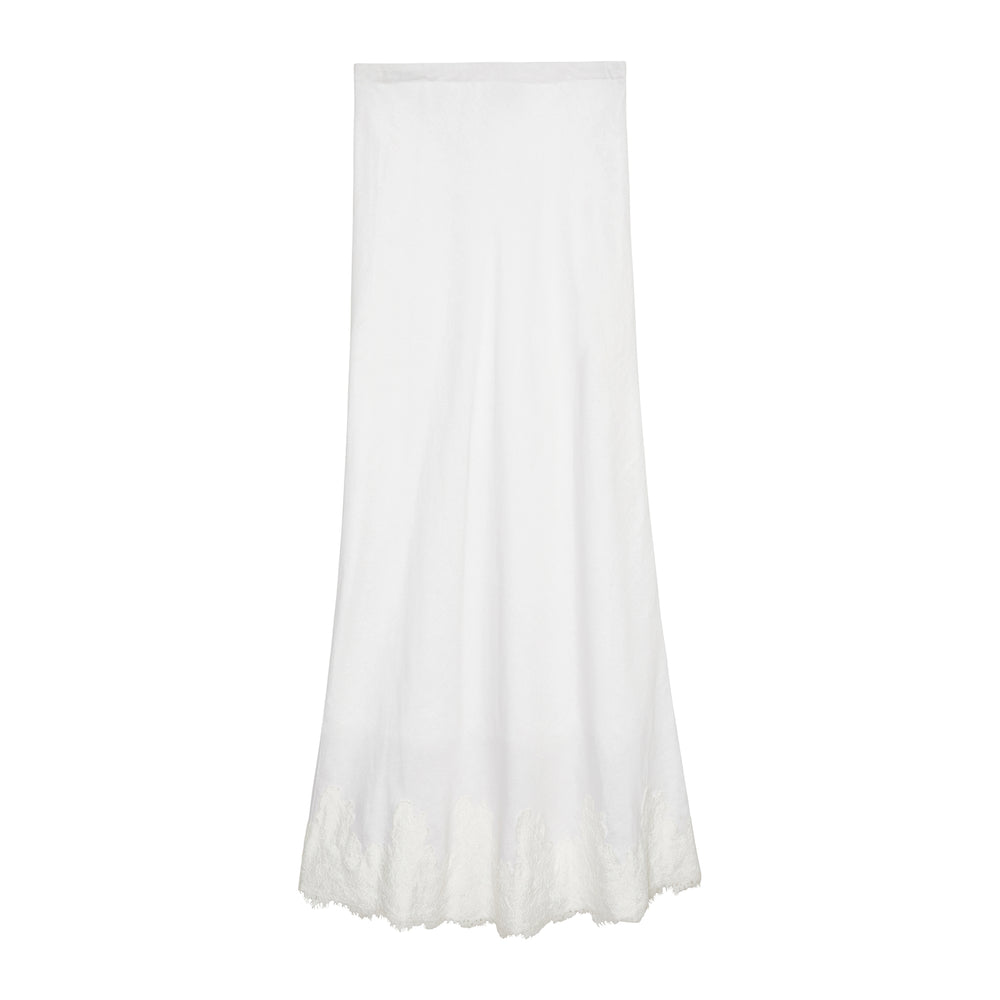 Front view of Kristen Skirt showcasing floor-length ivory linen with delicate lace-trimmed hem on white background
