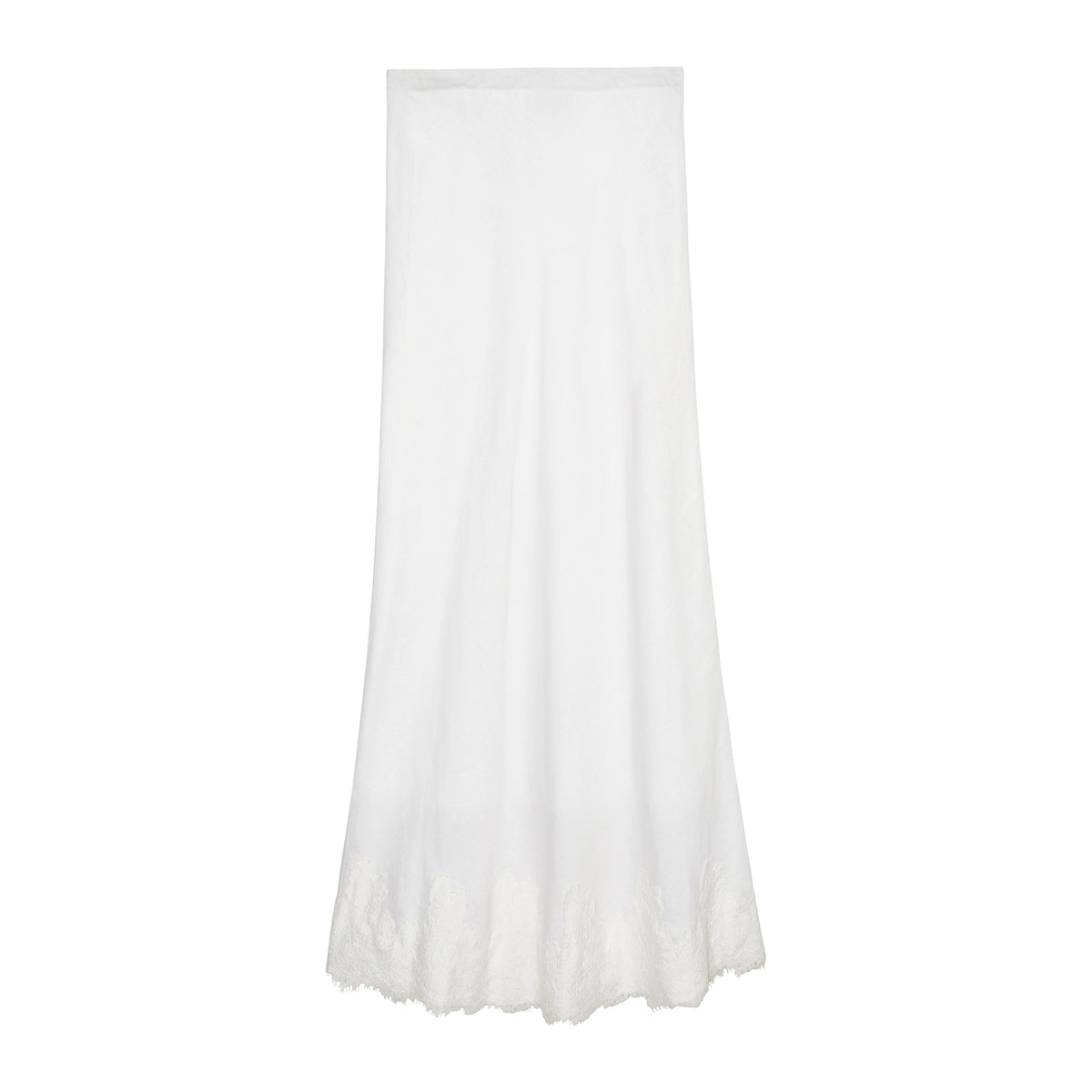 Front view of Kristen Skirt showcasing floor-length ivory linen with delicate lace-trimmed hem on white background