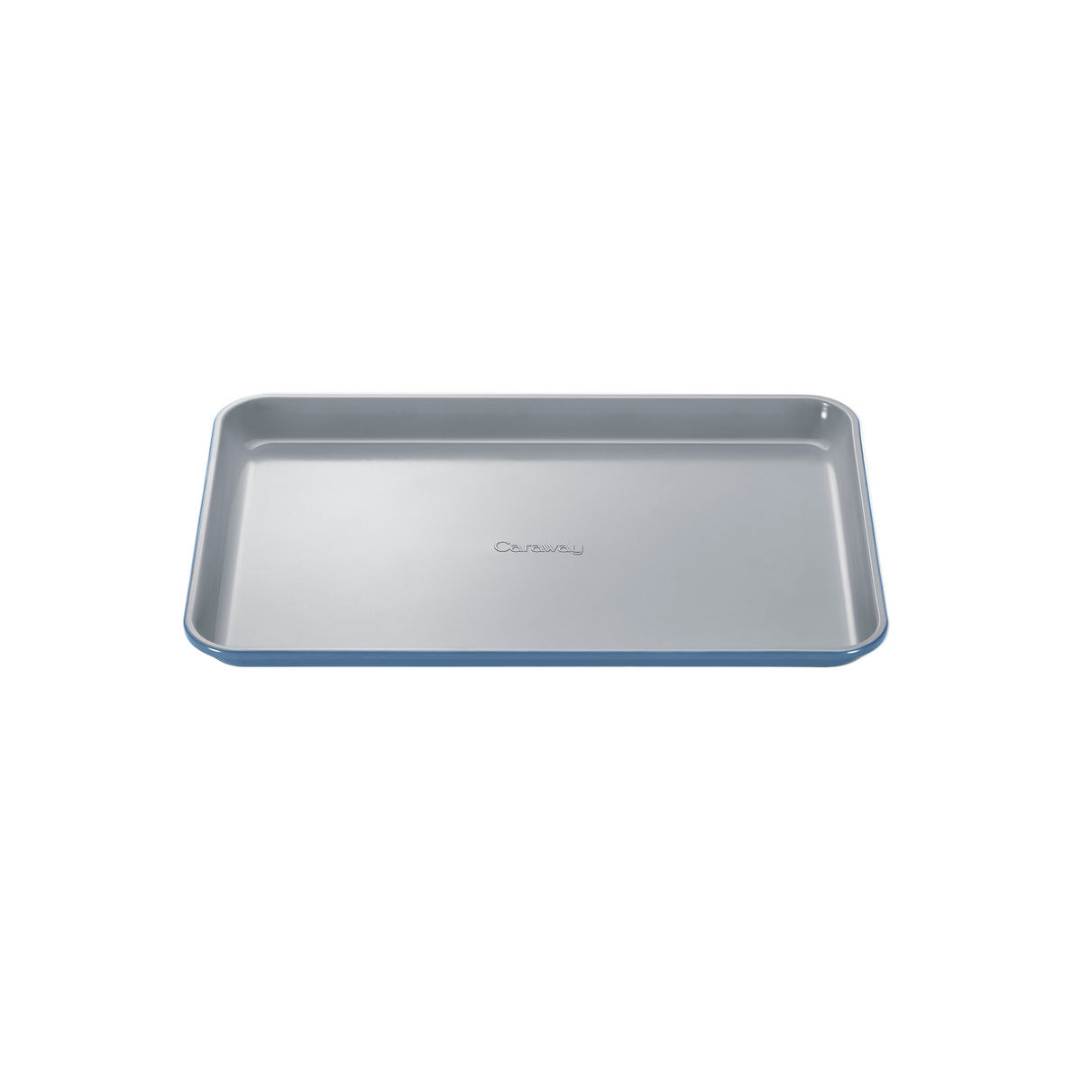 Angled top view of medium slate gray baking sheet showing smooth ceramic-coated interior, reinforced rim, and embossed Caraway logo on white background