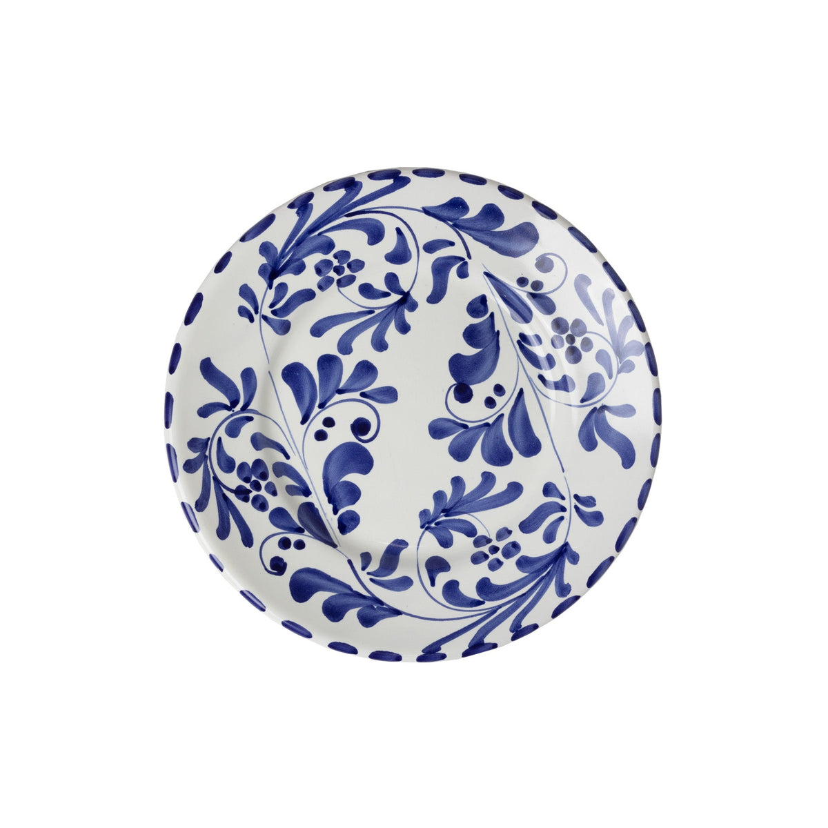 Front view of Salad and Dessert Plate in Azul Classico showcasing blue painted leafy impressions on a white background