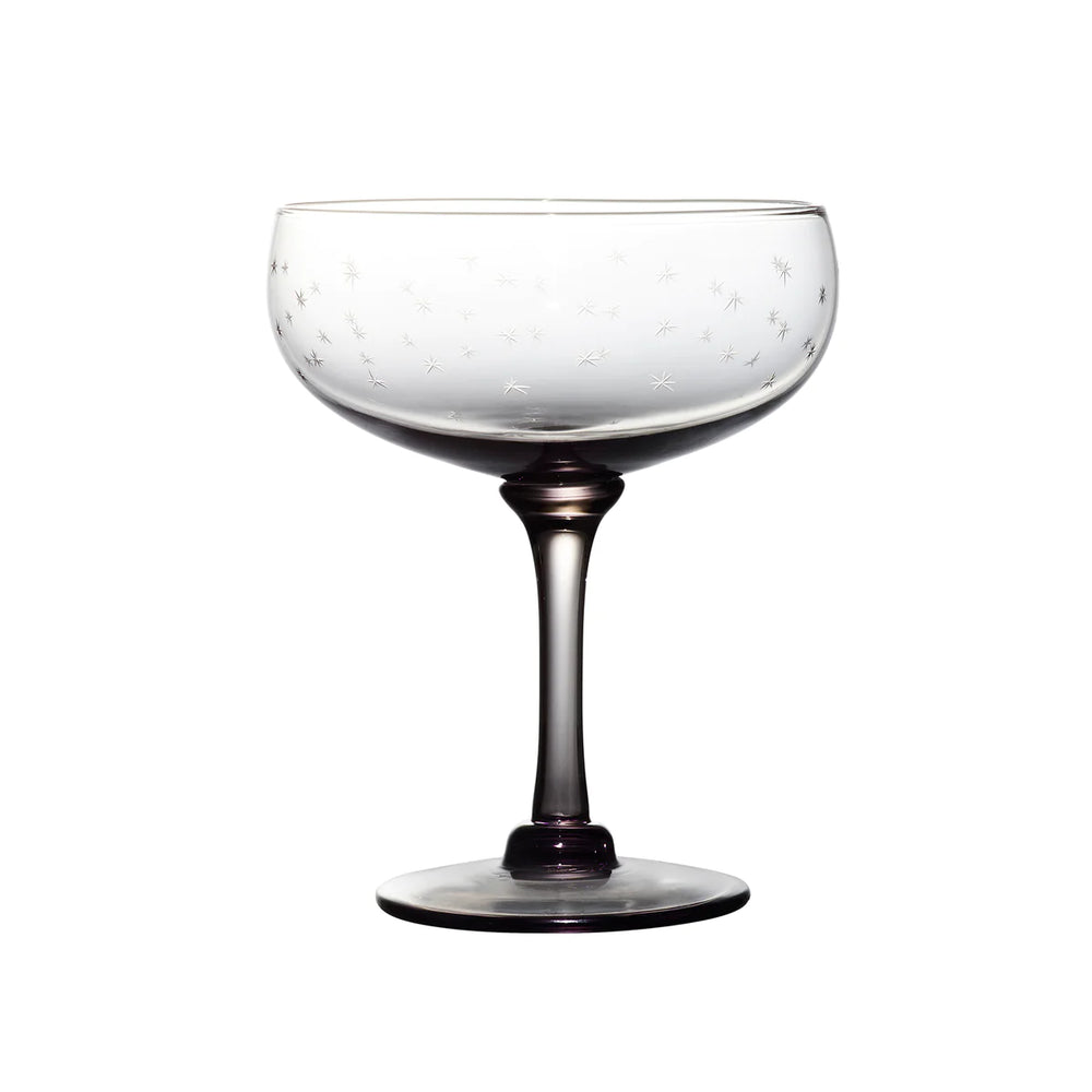 Front view of Smoky Cocktail Glasses With Stars Design, Set of 4 showcasing hand-engraved stars and smoky coloring