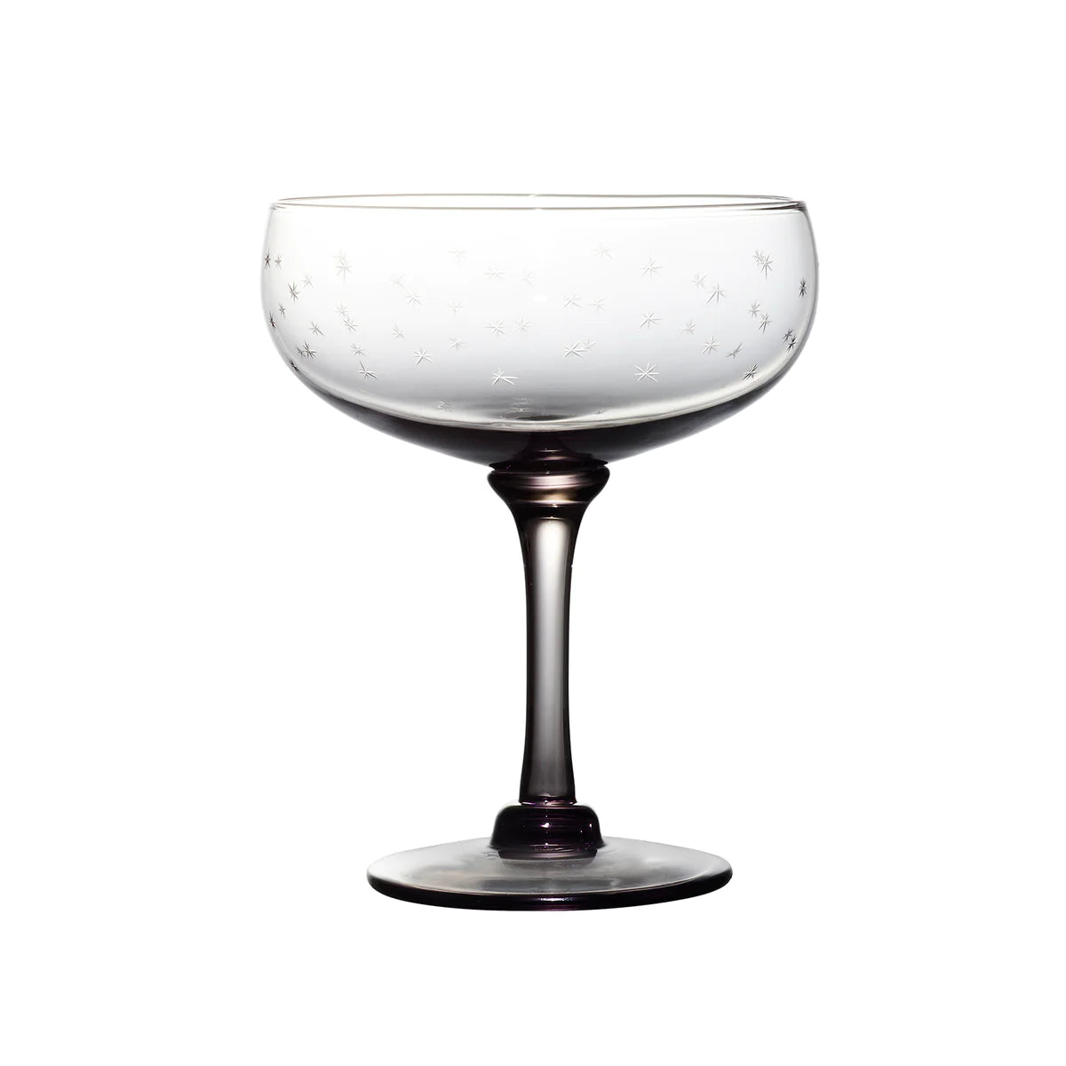 Front view of Smoky Cocktail Glasses With Stars Design, Set of 4 showcasing hand-engraved stars and smoky coloring