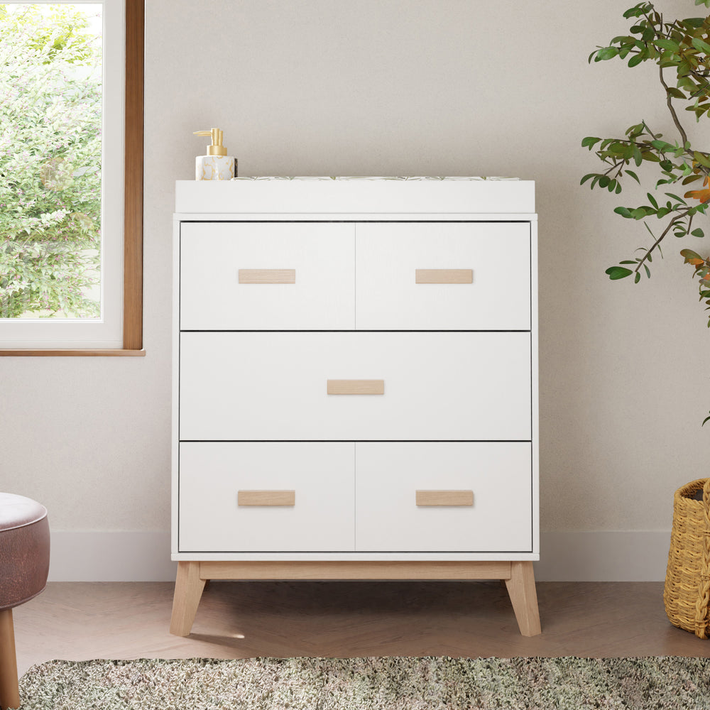 Scoot 3-Drawer Compact Changer Dresser with Removable Changing Tray (34") in White & Washed Natural
