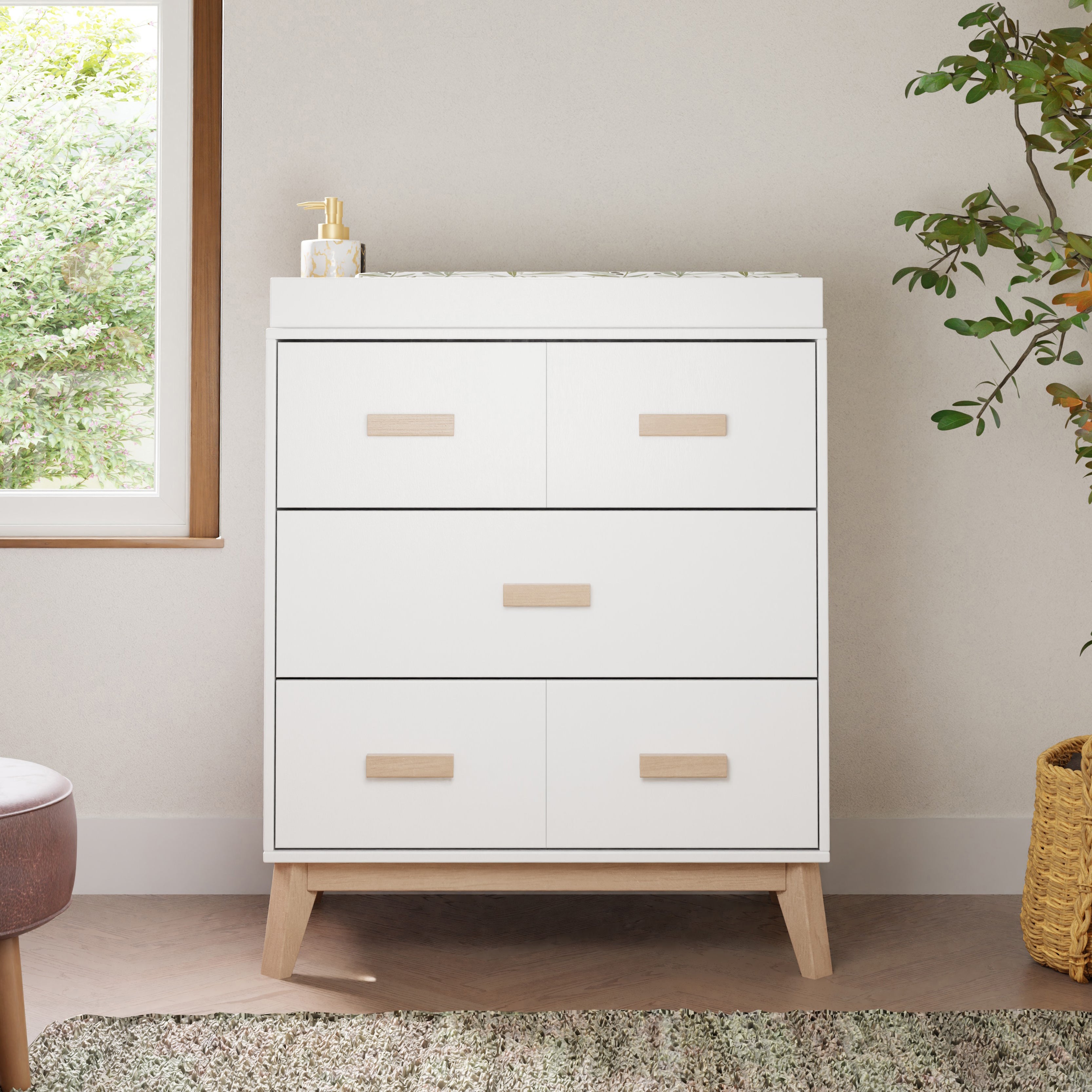 Scoot 3-Drawer Changer Dresser with Removable Changing Tray in White & Washed Natural