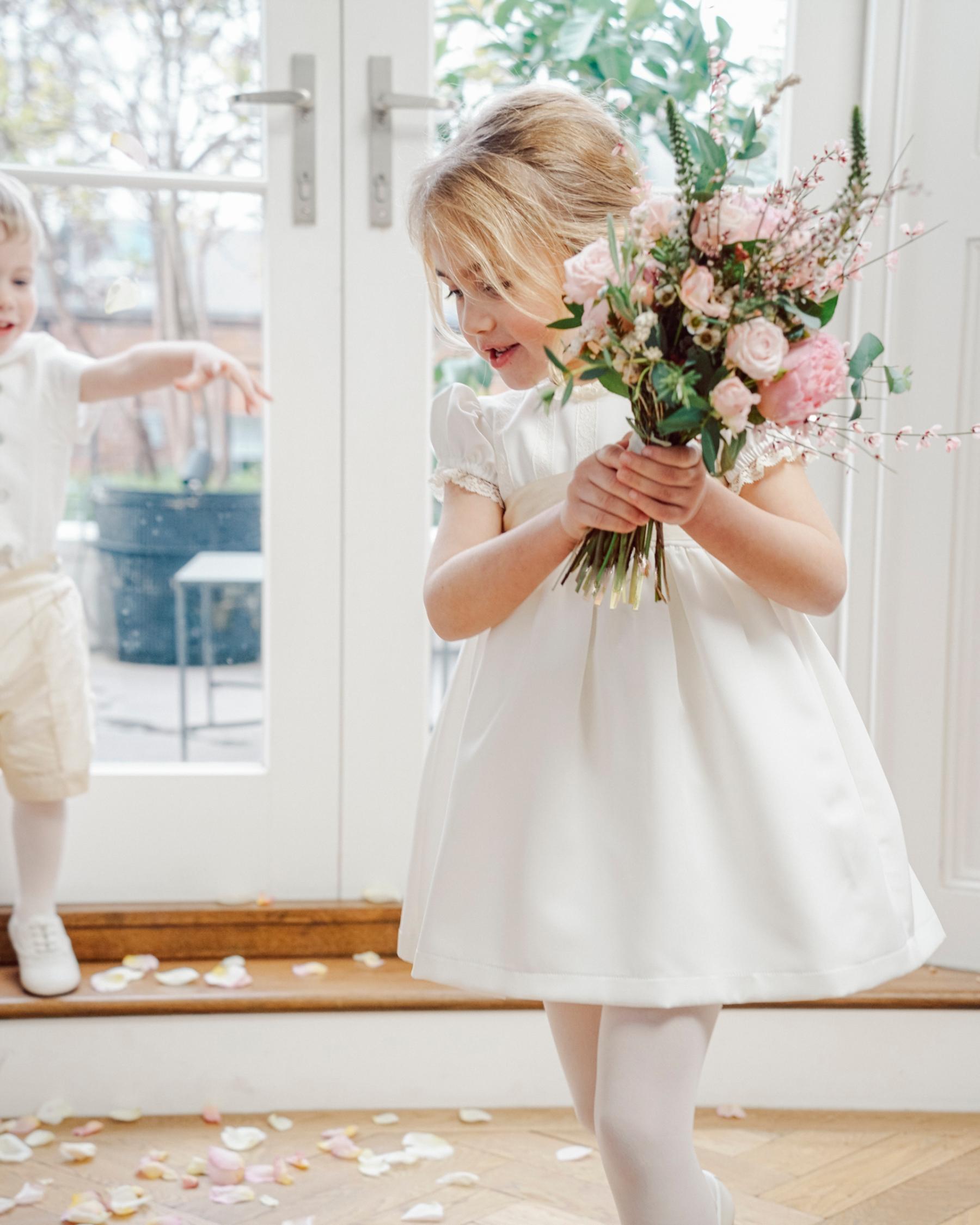 Sofia Elegant flower girl dress in gold green crepe de chine