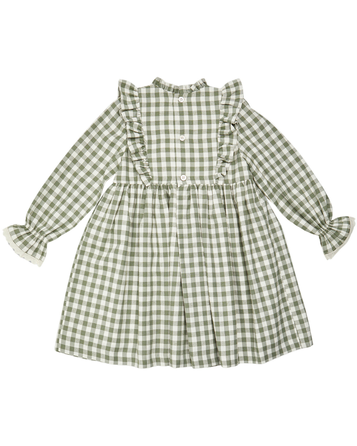 Green checkered dress with ruffled sleeves on a white background