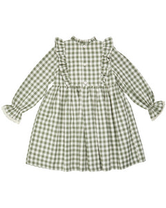 Green checkered dress with ruffled sleeves on a white background