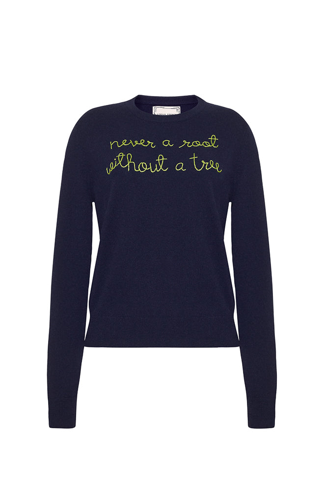 Front view of Never A Root crewneck showing yellow embroidered never a root without a tree across the chest on navy cashmere