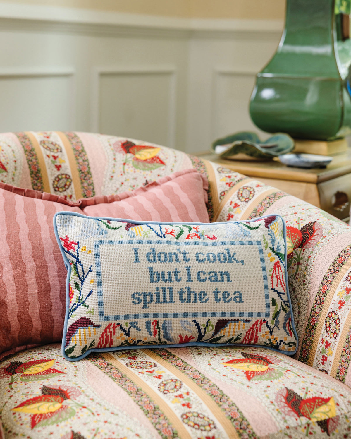 Spill the Tea Needlepoint Pillow - styled on chair
