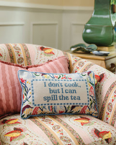 Spill the Tea Needlepoint Pillow - styled on chair