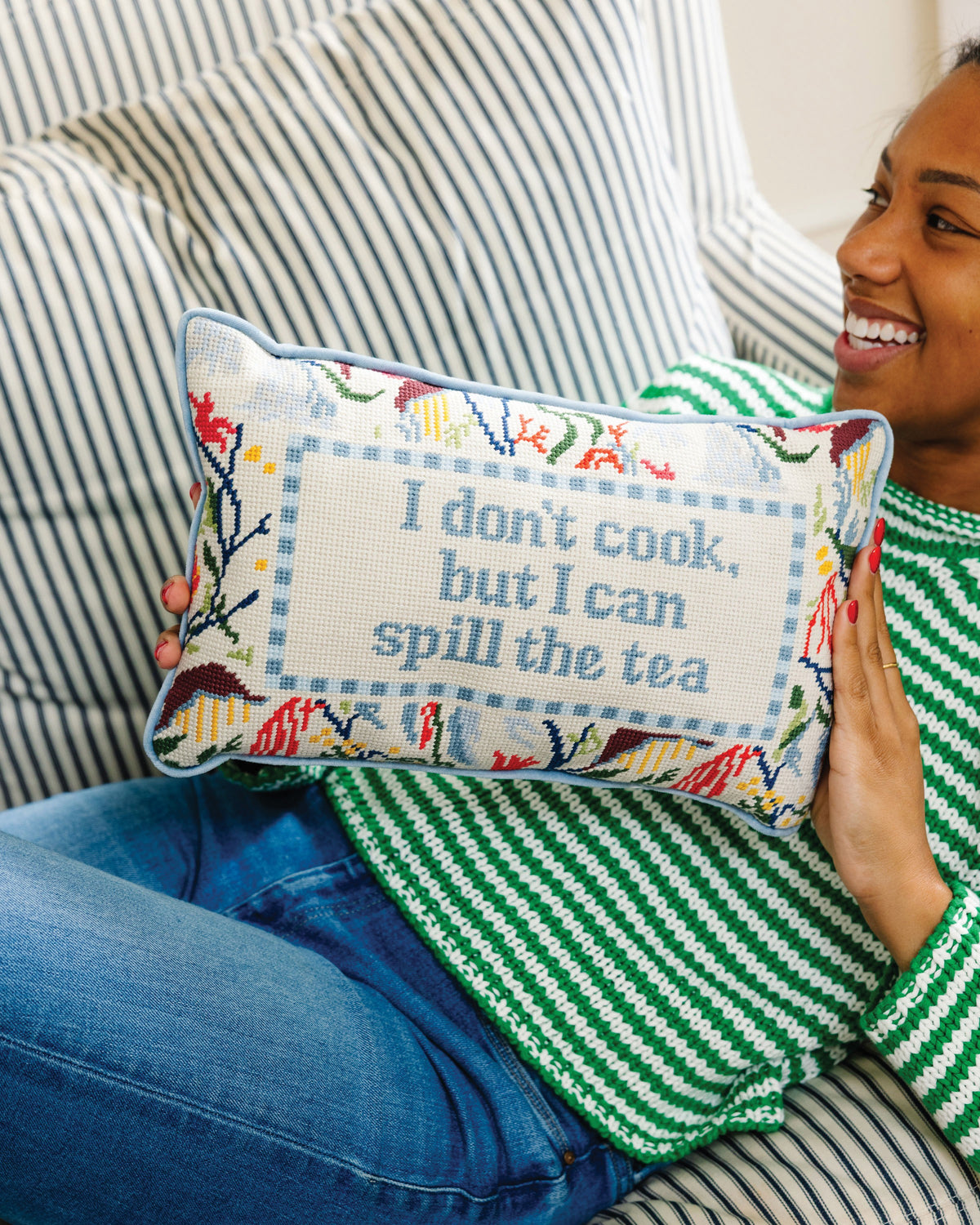 Spill the Tea Needlepoint Pillow - held