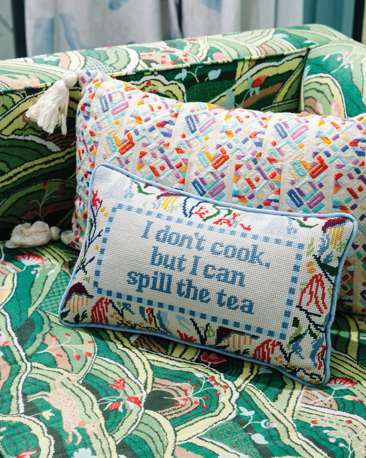 Spill the Tea Needlepoint Pillow - styled on sofa