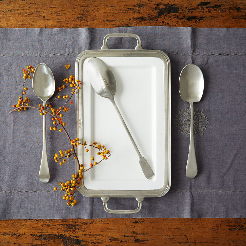 Top view of Luisa Rectangular Platter with Handles, Medium showing ceramic center and Italian pewter rim on gray cloth