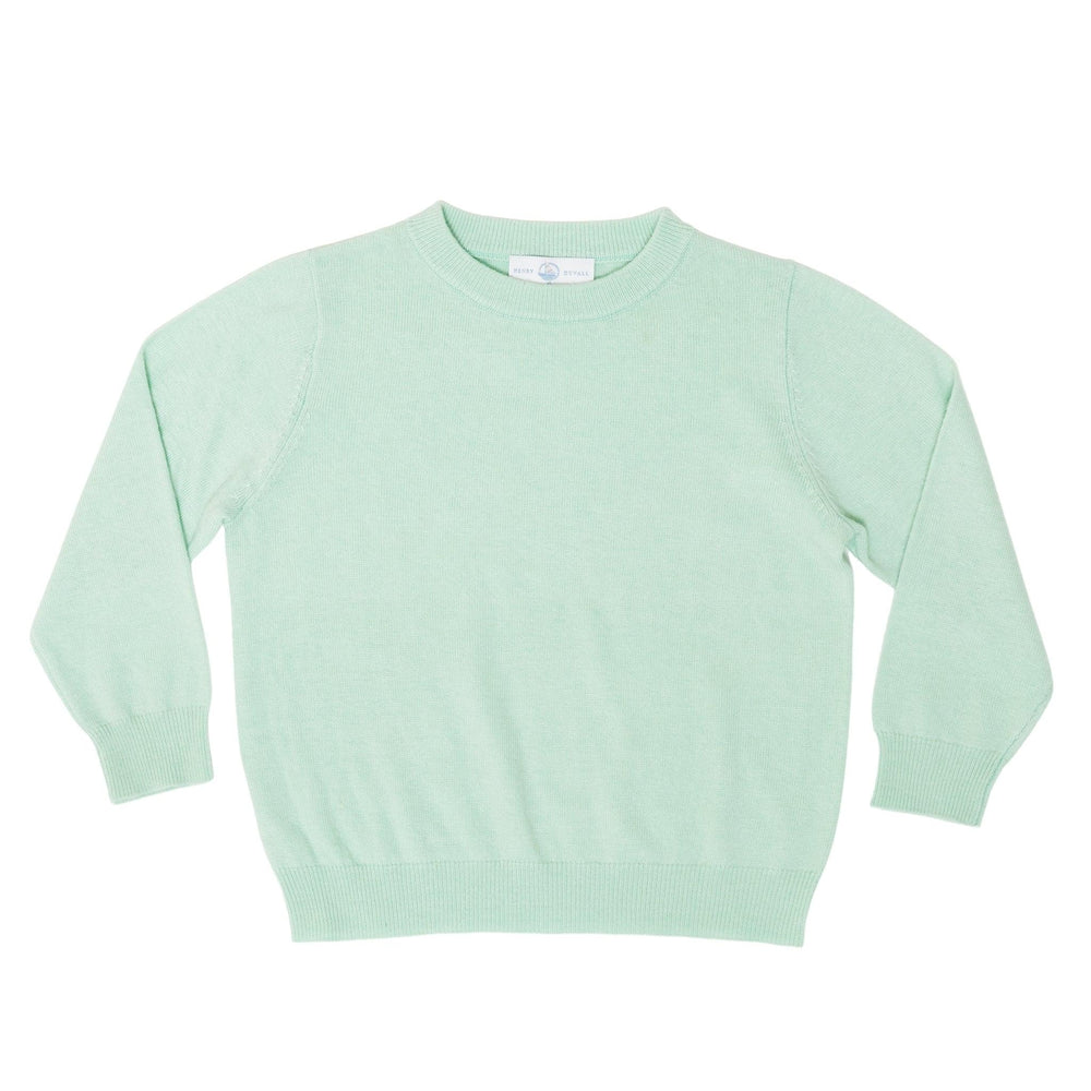 Front view of Christopher crewneck sweater in Mid Ocean Mint with long sleeves and ribbed cuffs on white background