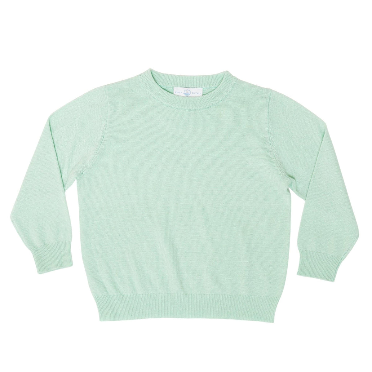 Front view of Christopher crewneck sweater in Mid Ocean Mint with long sleeves and ribbed cuffs on white background