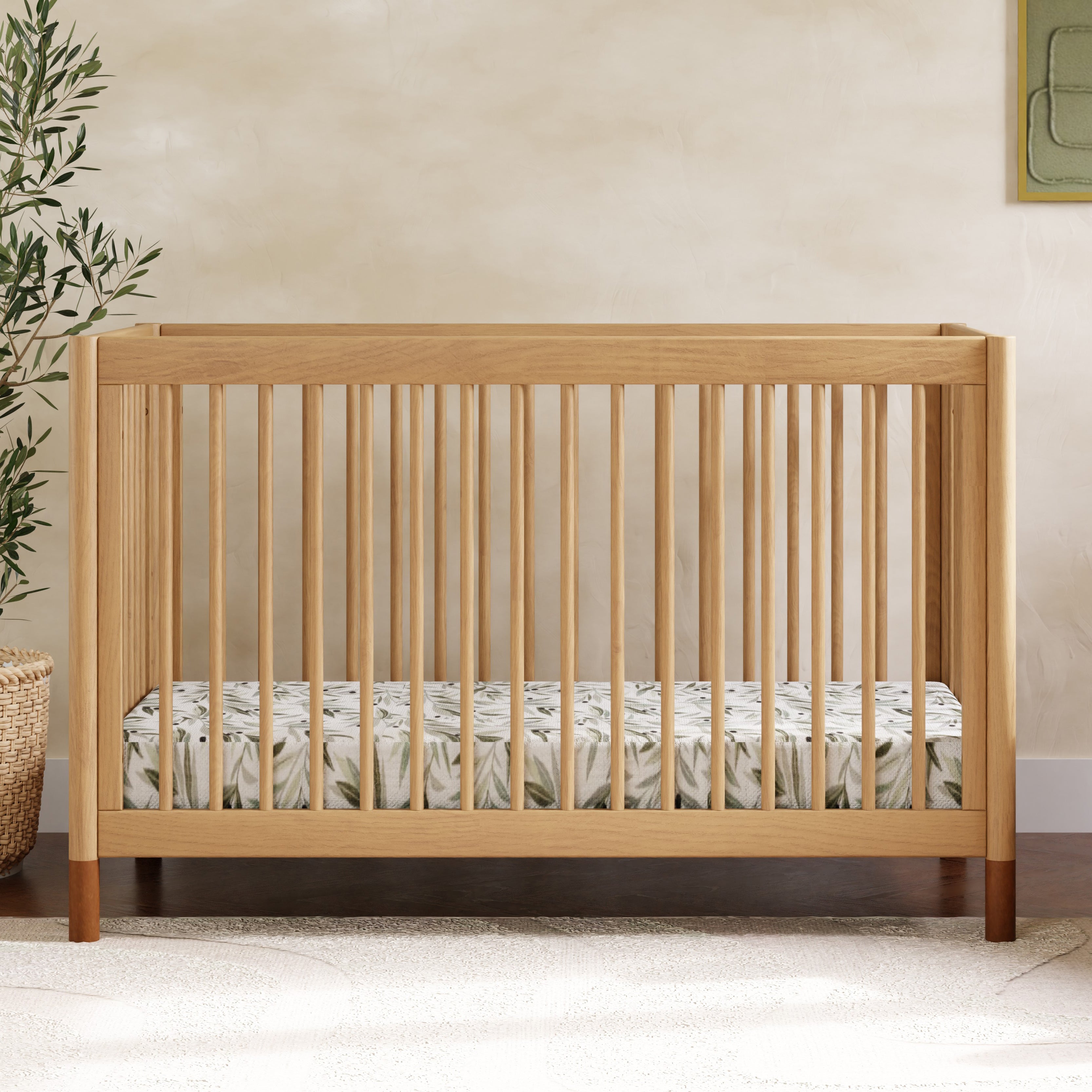Gelato 4-in-1 Convertible Crib with Toddler Bed Conversion Kit in Honey with Vegan Tan Leather Feet