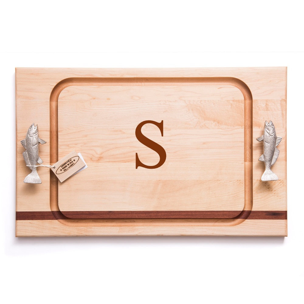 Top view of Fish Handle Steak Board with stainless steel fish handles, wide juice groove, mahogany inlay, monogram S