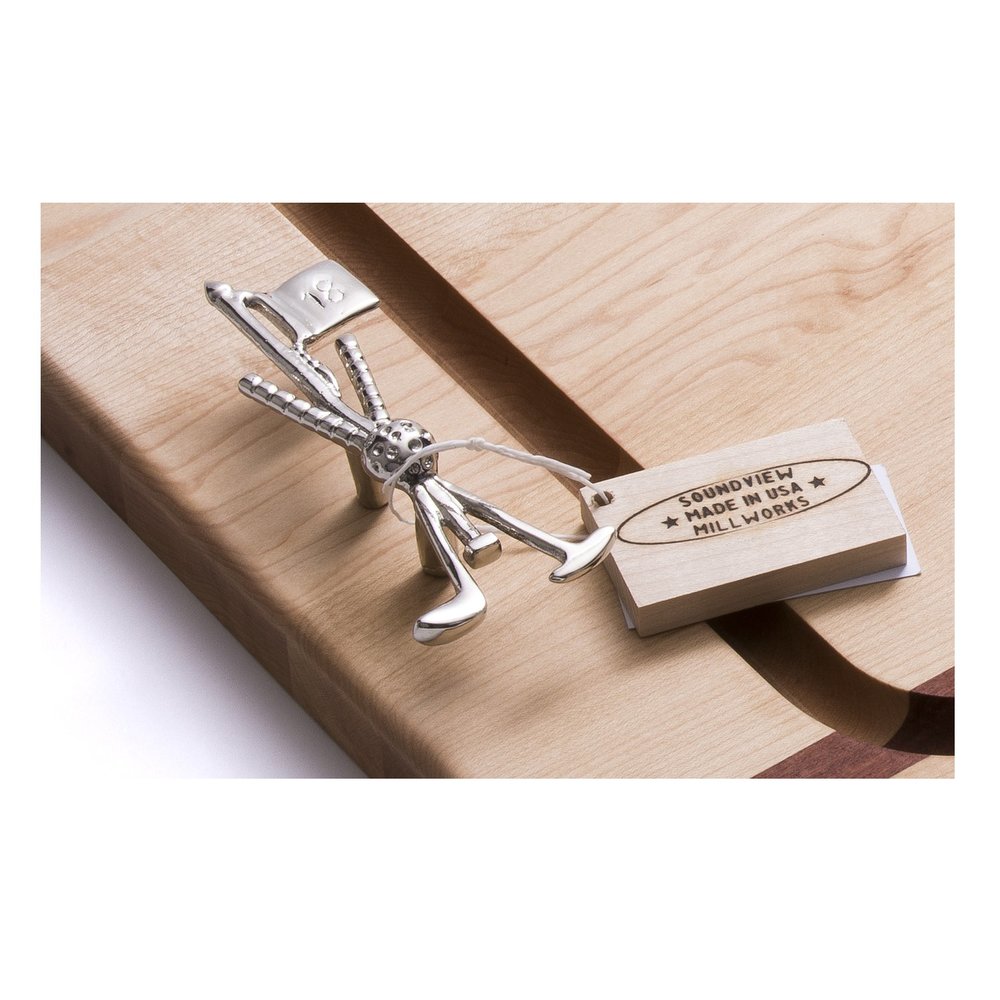 Close-up of maple double-handle steak board showing stainless steel golf club and flag handles and 3/4-inch juice groove on white background