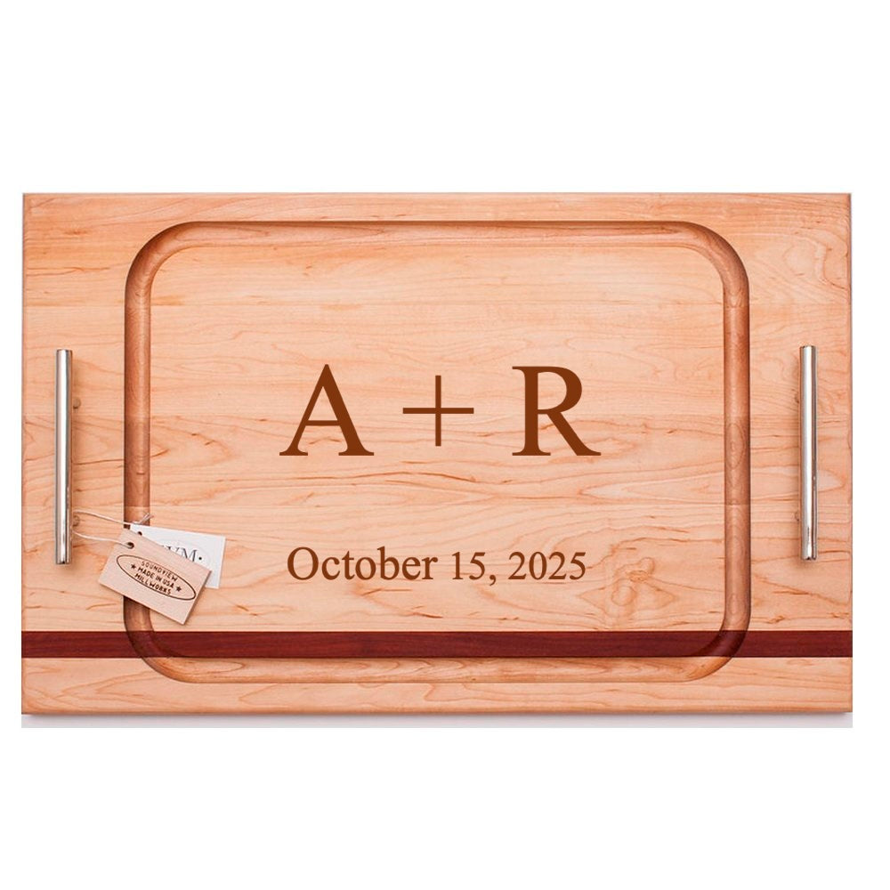 Top view of Rod Handle Steak Board with stainless steel handles, juice groove, mahogany stripe, engraved ‘A + R’ Oct 15, 2025
